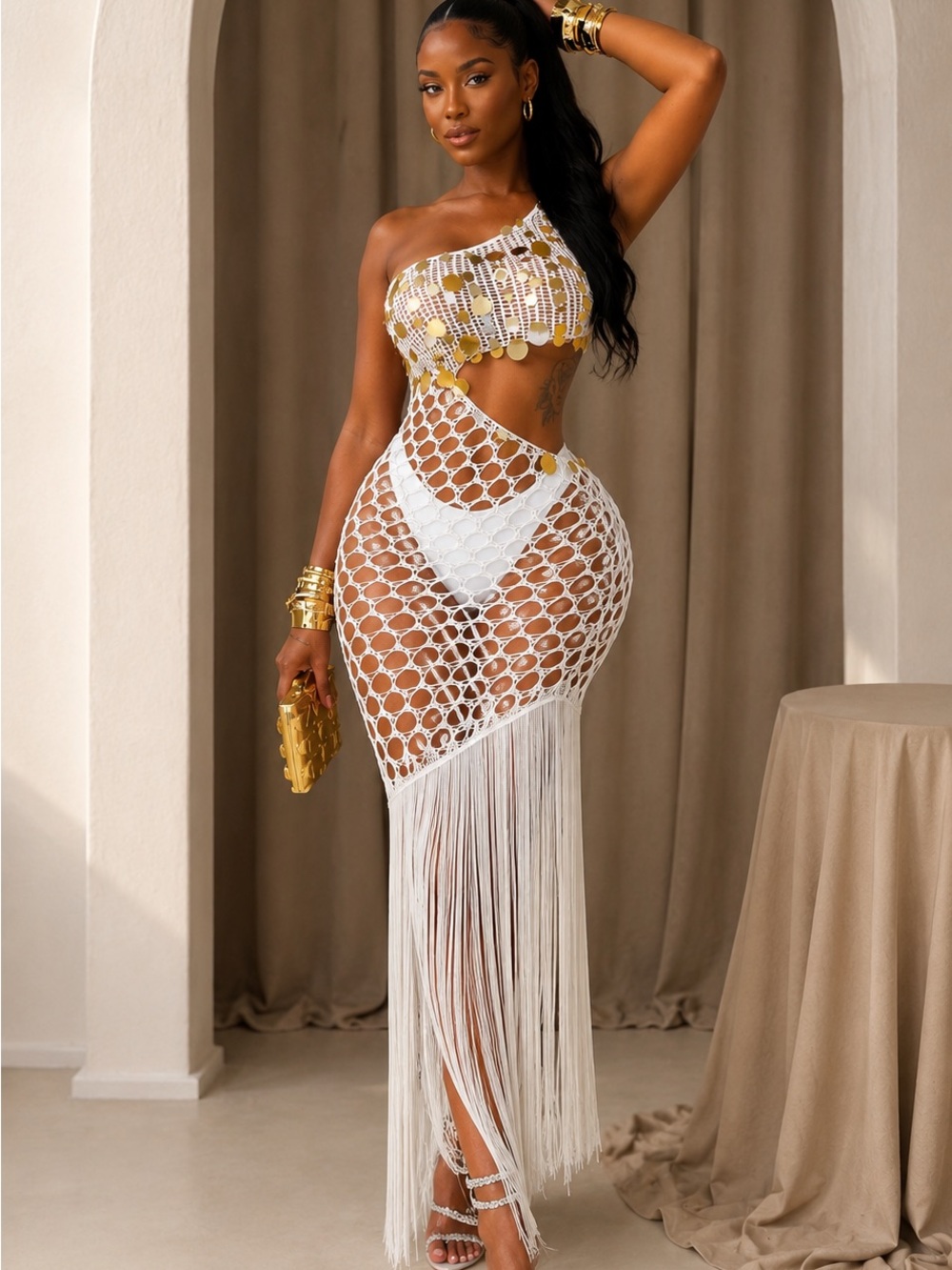 White Macrame Fringe One-Shoulder Maxi Cover-Up